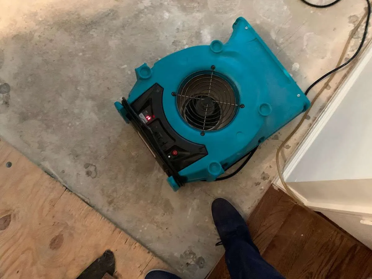 Air mover drying subfloor during Commercial Water Damage Restoration in Bradenton